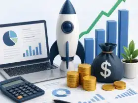 3D illustration of startup financial management with a rocket, laptop displaying charts, calculator, financial reports, gold coins, money bag, and upward growth graph representing business growth and financial planning.
