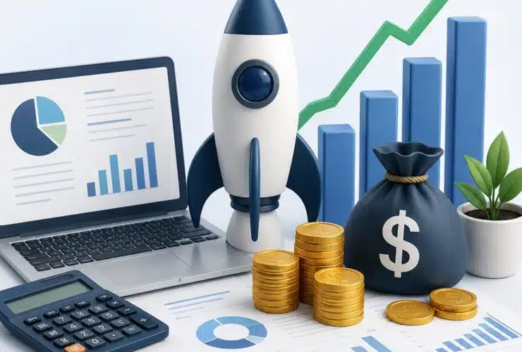 3D illustration of startup financial management with a rocket, laptop displaying charts, calculator, financial reports, gold coins, money bag, and upward growth graph representing business growth and financial planning.