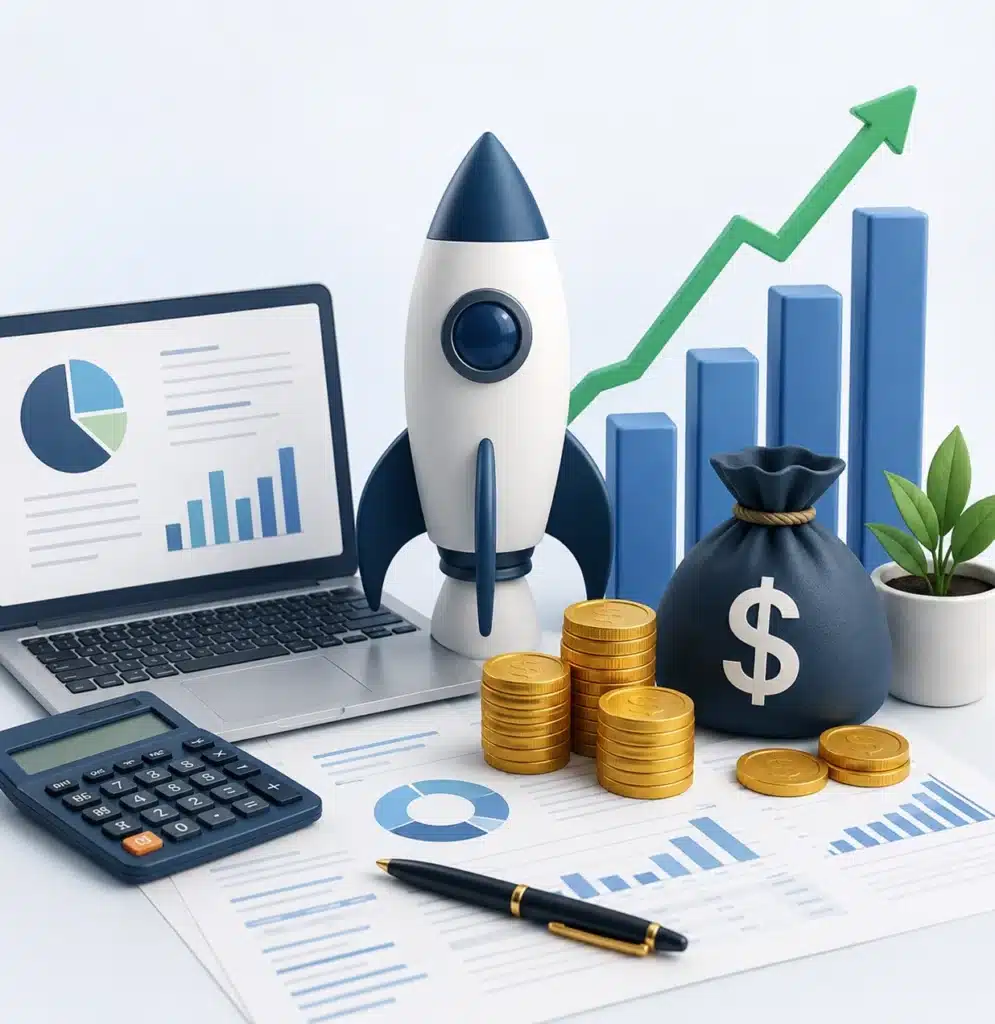 3D illustration of startup financial management with a rocket, laptop displaying charts, calculator, financial reports, gold coins, money bag, and upward growth graph representing business growth and financial planning.