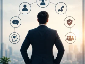 Business leader standing confidently in a modern office with visual symbols representing leadership qualities such as communication, adaptability, integrity, emotional intelligence, and strategic decision-making