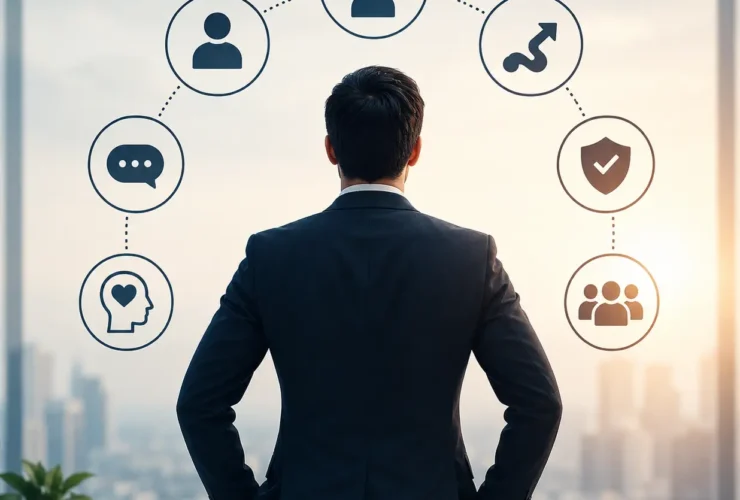 Business leader standing confidently in a modern office with visual symbols representing leadership qualities such as communication, adaptability, integrity, emotional intelligence, and strategic decision-making