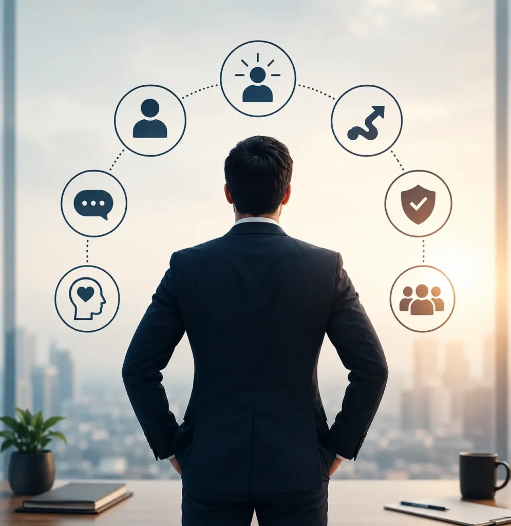 Business leader standing confidently in a modern office with visual symbols representing leadership qualities such as communication, adaptability, integrity, emotional intelligence, and strategic decision-making